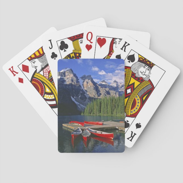 Canada, Alberta, Moraine Lake. Red canoes await Playing Cards (Back)