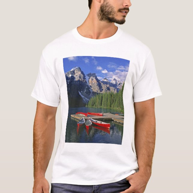 Canada, Alberta, Moraine Lake. Red canoes await T-Shirt (Front)