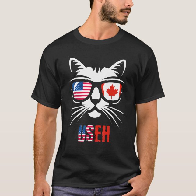 Canada American Flag Cat Us Eh T-Shirt (Front)