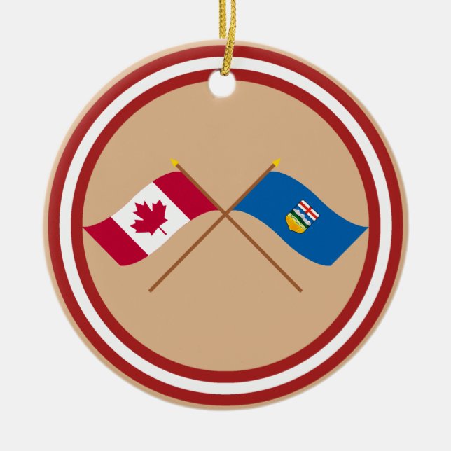 Canada and Alberta Crossed Flags Ceramic Tree Decoration (Front)