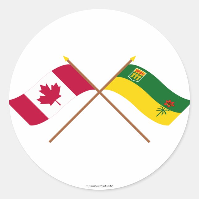 Canada and Saskatchewan Crossed Flags Classic Round Sticker (Front)