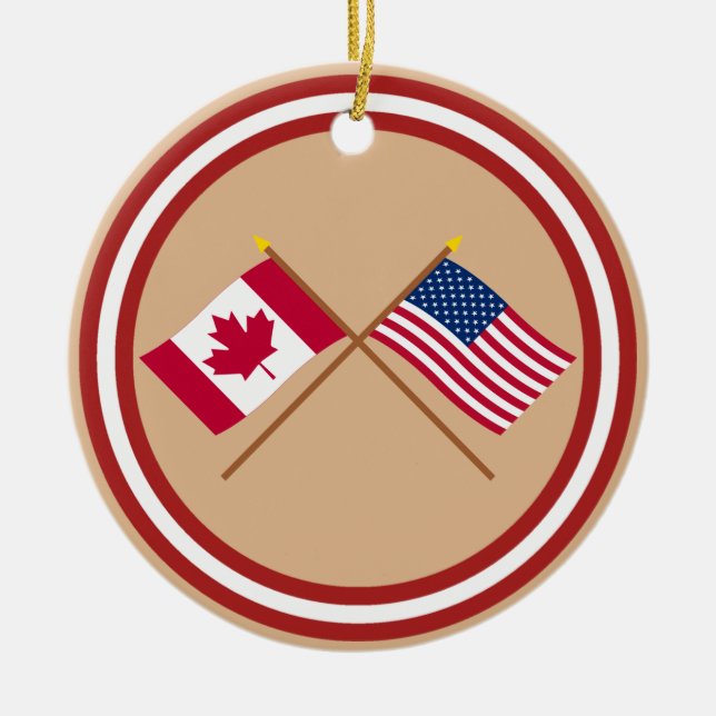 Canada and United States Crossed Flags Ceramic Tree Decoration (Front)