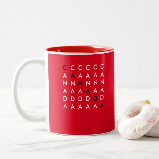 Canada Crossword Puzzle Grid Red Colour Two-Tone Coffee Mug (With Donut)