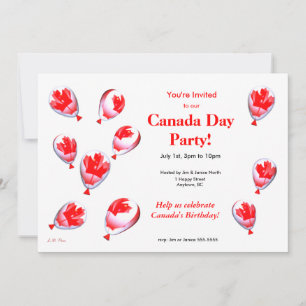 Canada Day Party Red and White Maple Leaf Balloons Invitation