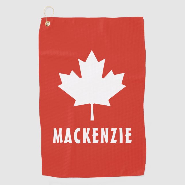 Canada Day Red White Canadian Flag Maple Leaf Name Golf Towel (Front)