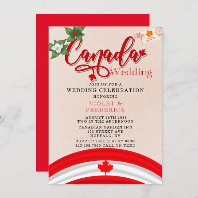 Canada Flag and Florals Wedding  Invitation (Front/Back)