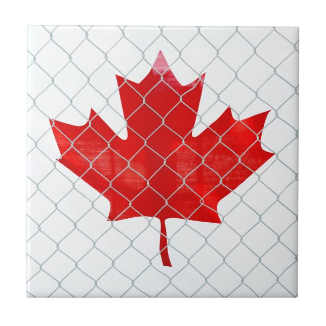 Canada Flag behind Chain Link Fence. Rustic & Cool Tile (Front)