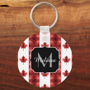 Canada flag red sparkles pattern Monogram Key Ring