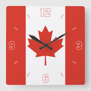 Canada Flag Red White Numbers Patriotic Square Wall Clock