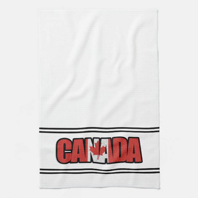 Canada Flag With Maple Leaf In Typographic Text Tea Towel (Vertical)