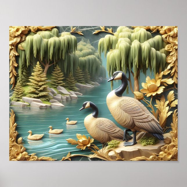 Canada Geese Amidst the Weeping Willows 10x8 Poster (Front)