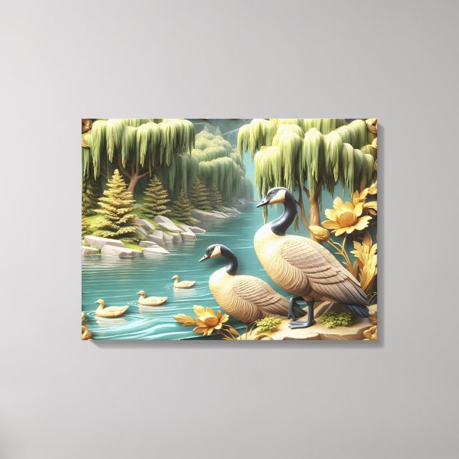 Canada Geese Amidst the Weeping Willows 24x18 Canvas Print (Front)