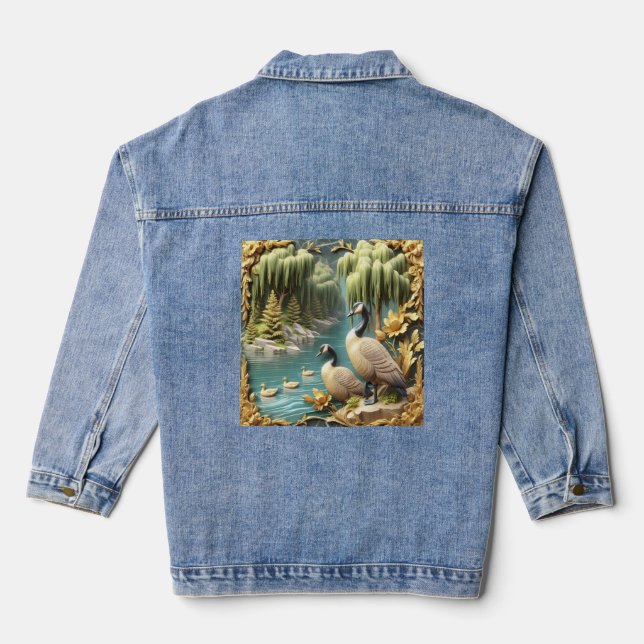Canada Geese Amidst the Weeping Willows  Denim Jacket (Back)