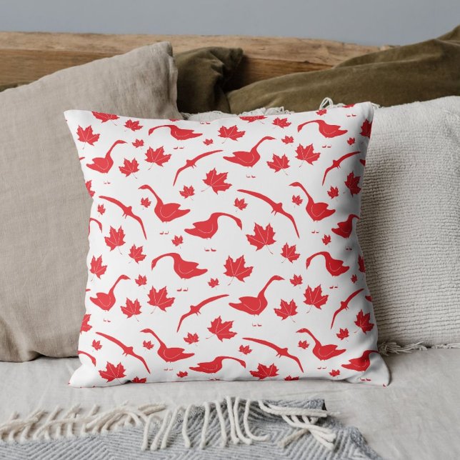 Canada Geese and Maple Leaves - Canadian flag red. Cushion (Creator Uploaded)