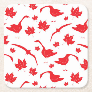 Canada Geese and Maple Leaves - Canadian flag red. Square Paper Coaster