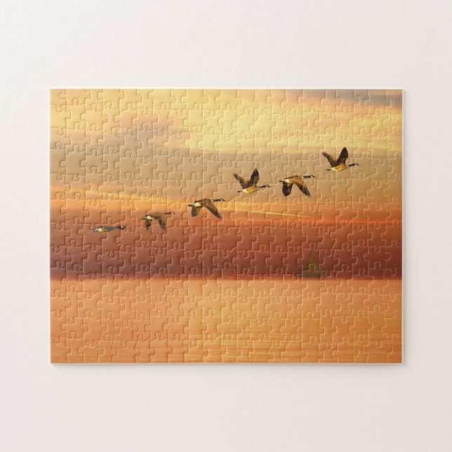 Canada Geese in Flight at Sunset Jigsaw Puzzle (Horizontal)
