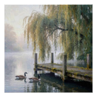 Canada Geese on a Misty Lake with a Dock