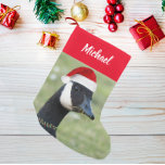 Canada Goose Wearing Santa Hat with Name Small Christmas Stocking<br><div class="desc">For the nature lover! Decorate your holiday home with this personalised Christmas stocking that features the whimsical photo image of a Canada Goose wearing a Santa hat and holly berry necklace. Back side of stocking is red. Personalise your stocking by editing name. Select your stocking fabric style.</div>