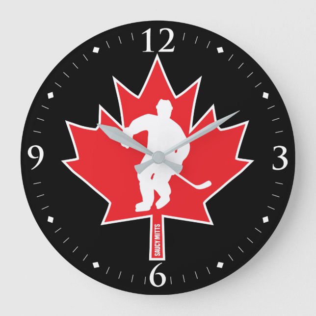 Canada Hockey Maple Leaf Player red on black Large Clock (Front)