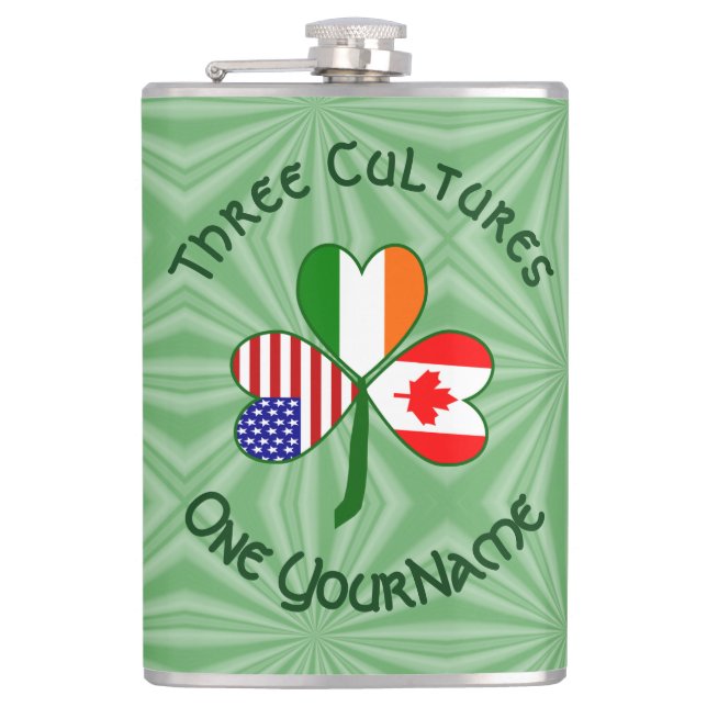 Canada Ireland USA Shamrock Flag Personalised  Hip Flask (Front)