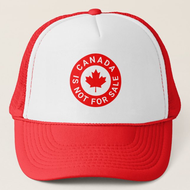 Canada is not for sale typography red maple leaf trucker hat (Front)