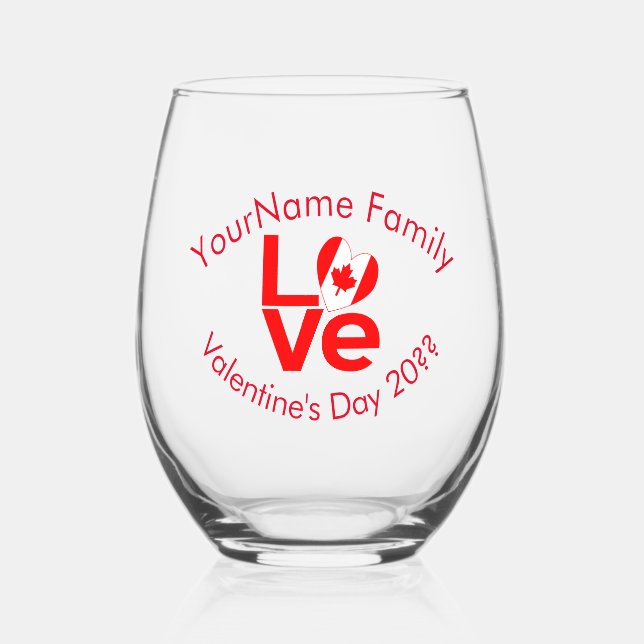 Canada LOVE Heart Flag Red Personalized Stemless Wine Glass (Front)