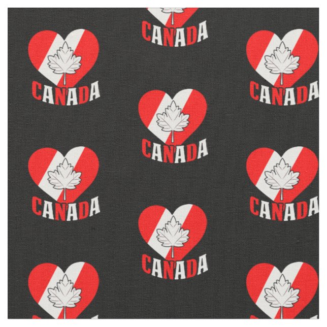 Canada Maple Leaf  Heart Red White on Black Fabric (Close Up)