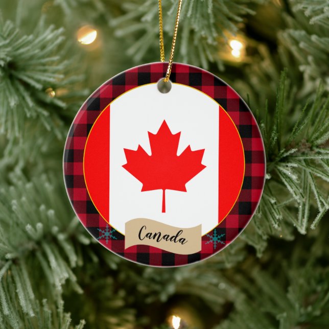 Canada, Red buffalo plaid & Canadian Flag Ceramic Tree Decoration (Tree)