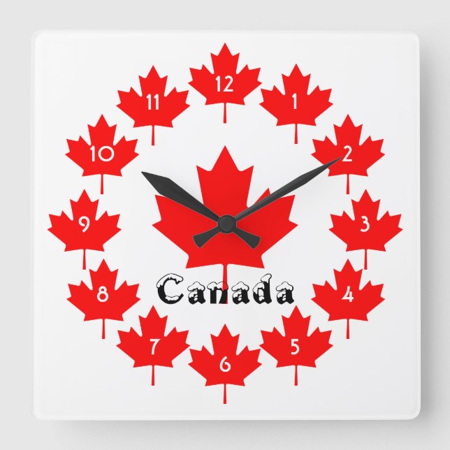 Canada Red Maple Leaf Pattern w Snow Fun Canadian Square Wall Clock (Front)