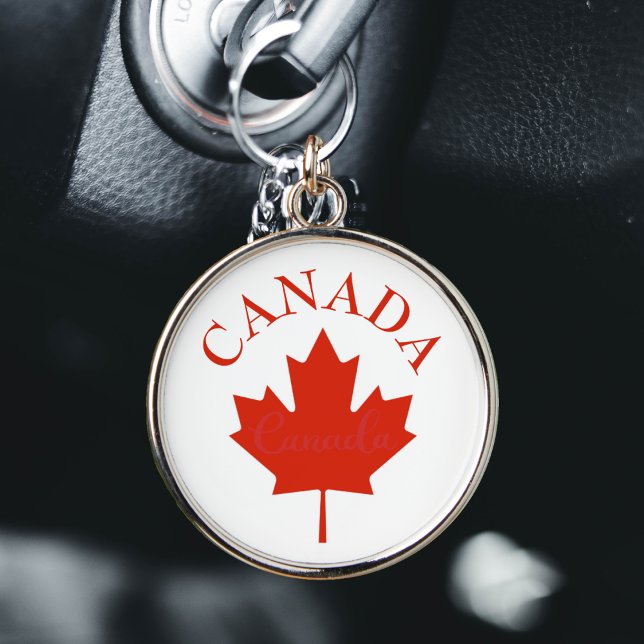 Canada Red & White Canadian Flag Key Ring (Canada Canadian flag maple leaf round silver keychain)