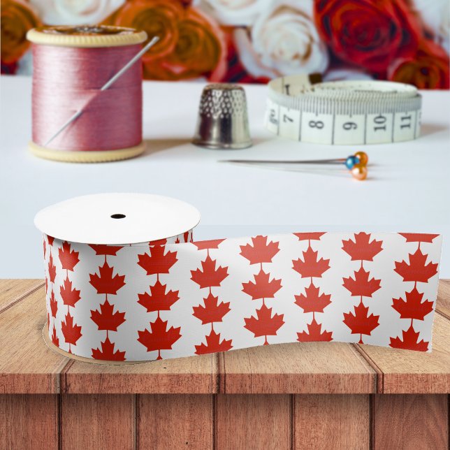 Canada Red White Canadian Flag Maple Leaf Pattern Satin Ribbon (Canada Canadian flag maple leaf pattern ribbon)