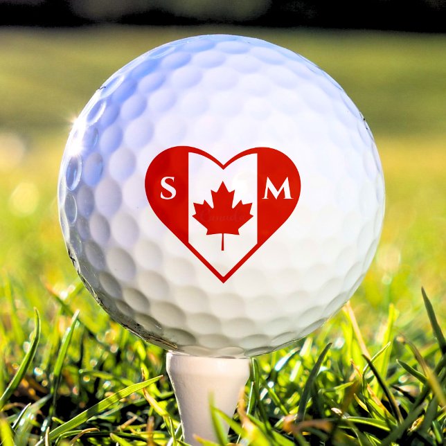 Canada Red & White Heart Initials Canadian Flag Golf Balls (canada canadian flag maple leaf heart shape monogram initials golf ball)
