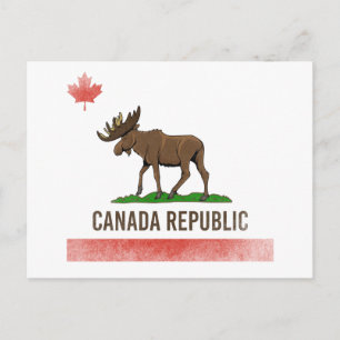 Canada Republic - Canada Moose and California Flag Postcard