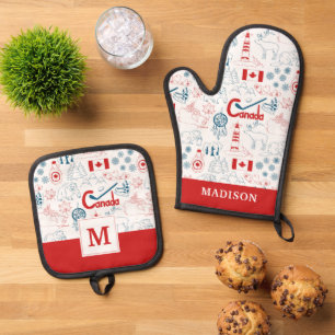Canada Symbols Pattern Oven Mitt & Pot Holder Set