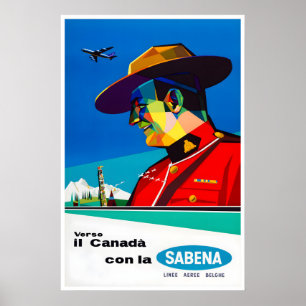 Canada Travel Poster Sabena Airlines Art Mountie