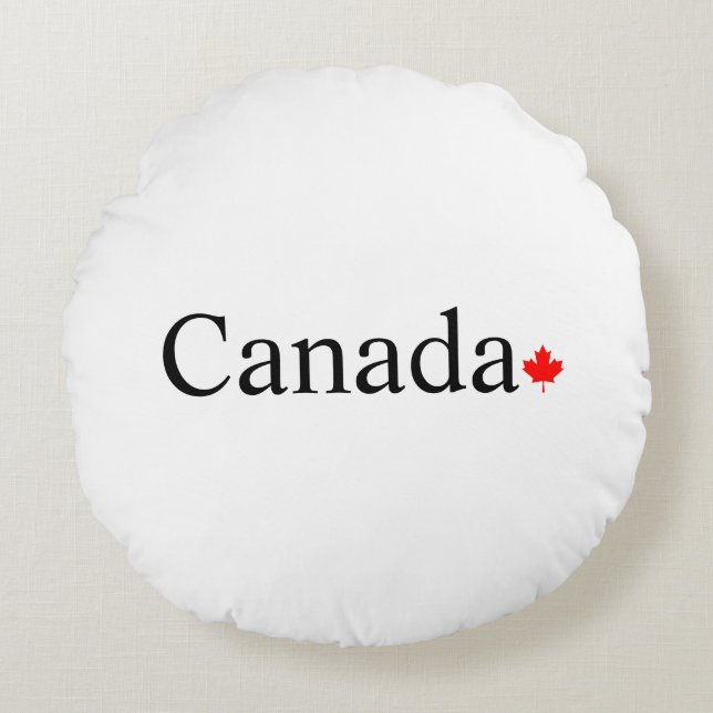 Canada typography with red maple leaf white round cushion (Front)