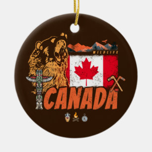 Canada Vintage Flag And Grizzly Bear Holiday Ceramic Tree Decoration