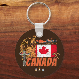 Canada Vintage Flag And Grizzly Bear Holiday Key Ring