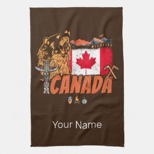 Canada Vintage Flag And Grizzly Bear Holiday Tea Towel