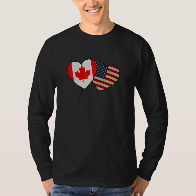 Canadian American Couple Heart Love Flag Valentine T-Shirt (Front)