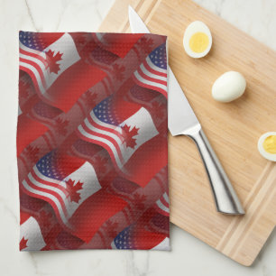 Canadian-American Waving Flag Tea Towel