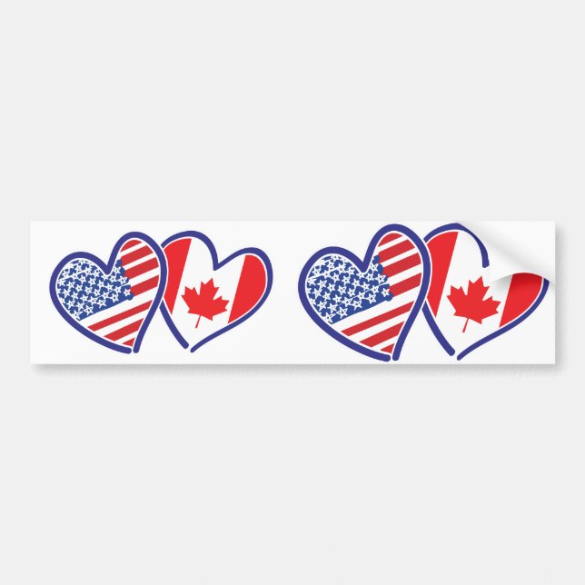 Canadian and America Flag Hearts Bumper Sticker (Front)
