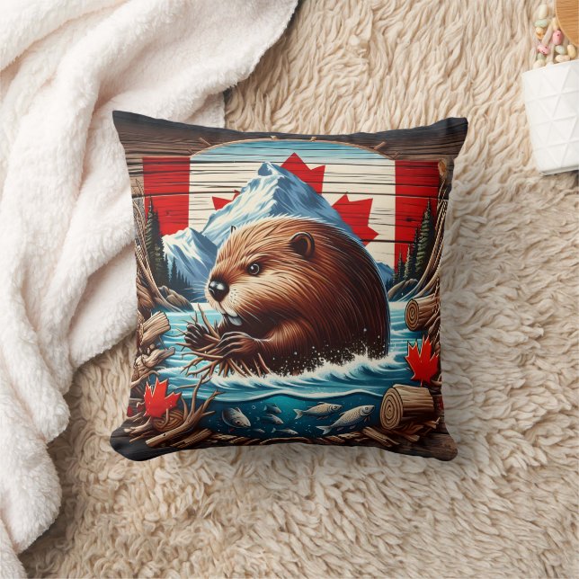 Canadian Beaver Building a Dam in Autumn River Cushion (Blanket)