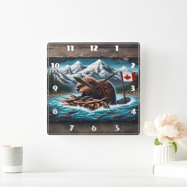 Canadian Beaver Building a Lodge Square Wall Clock (Home)