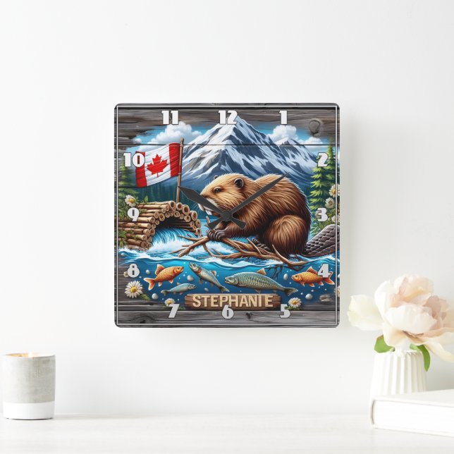 Canadian Beaver Building Dam Near Mountain Stream Square Wall Clock (Home)