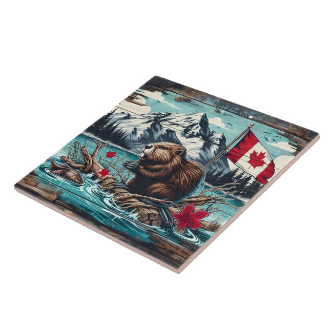 Canadian Beaver by Lake With Mountain Backdrop Tile (Side)