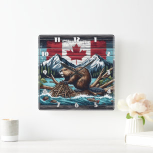 Canadian Beaver by the Flag and Mountains Square Wall Clock