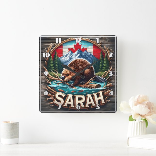 Canadian Beaver by Water With Mountains and Trees Square Wall Clock (Home)