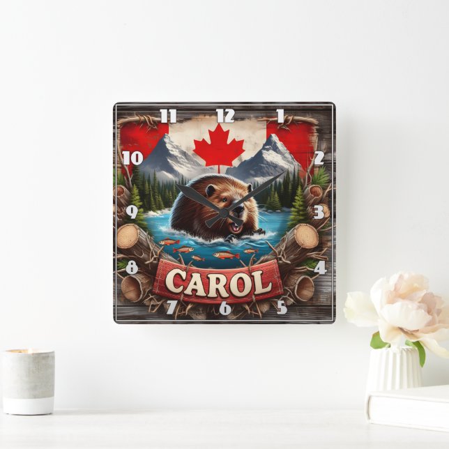 Canadian Beaver, Flag, Mountain View Square Wall Clock (Home)