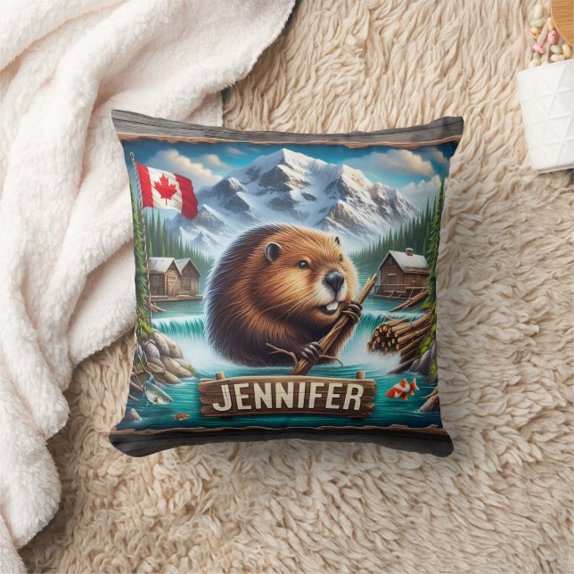 Canadian Beaver Holding Branch Near Mountain Lake Cushion (Blanket)